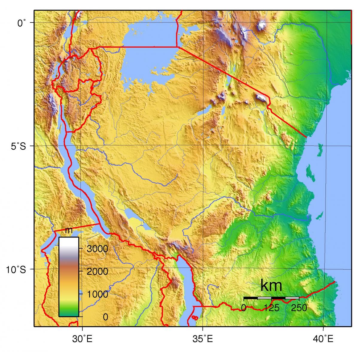 topografski kartica Tanzaniji
