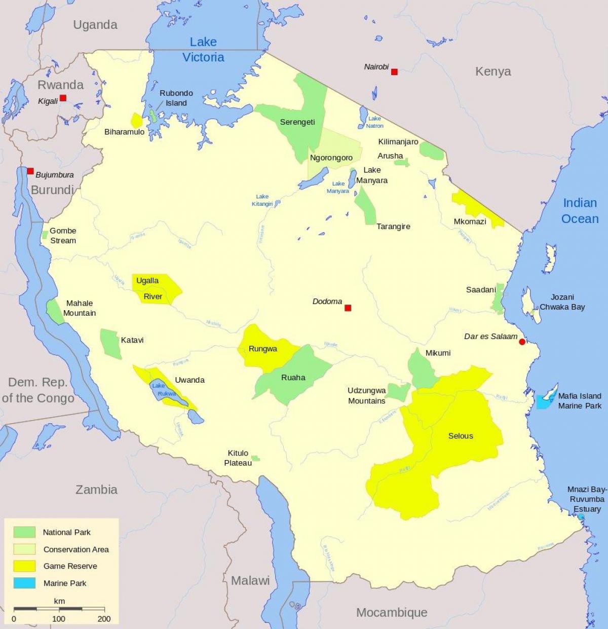 karta nacionalnih parkova u Tanzaniji i rezerve