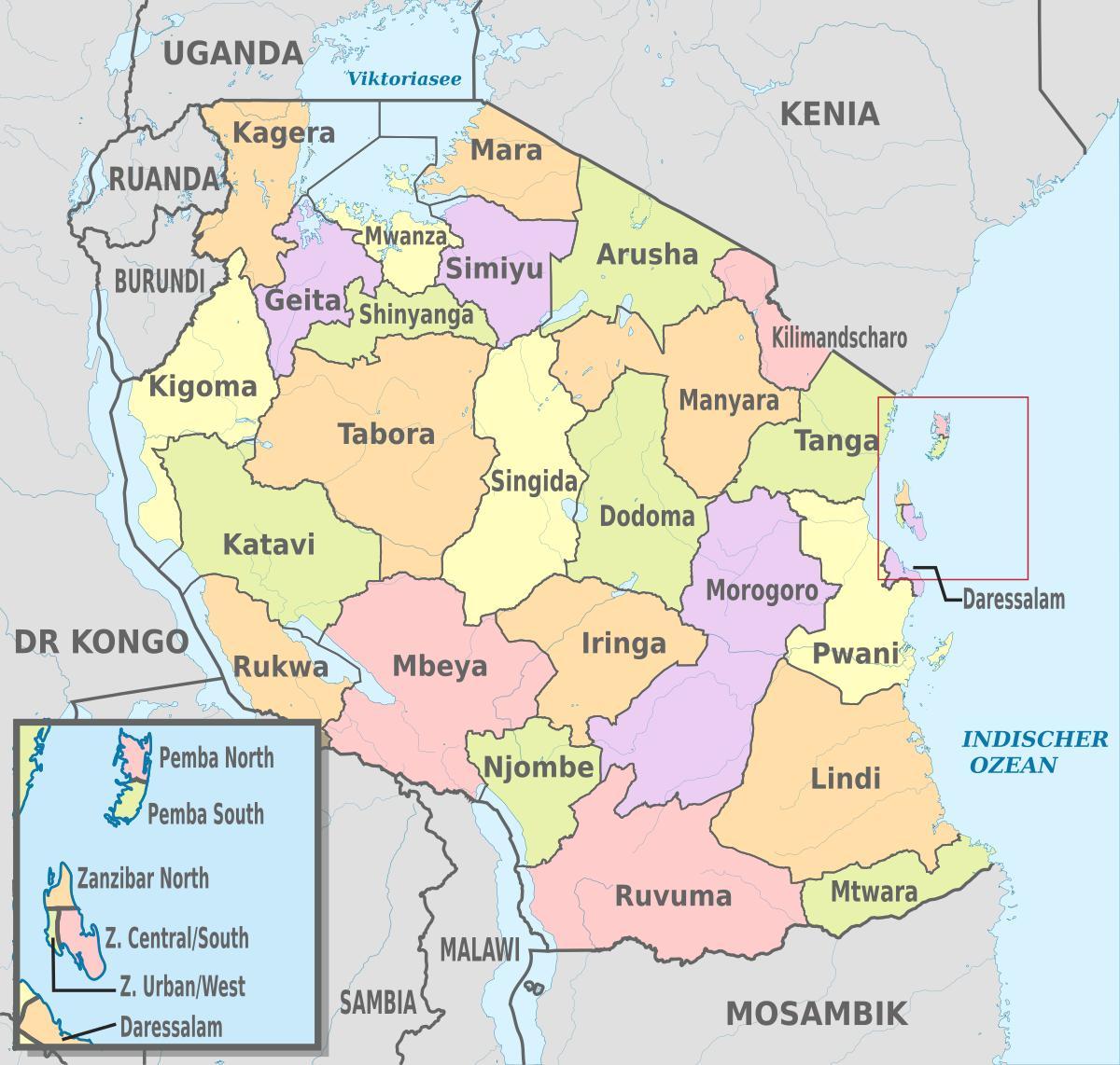 karta Tanzaniji pokazuje regija i područja