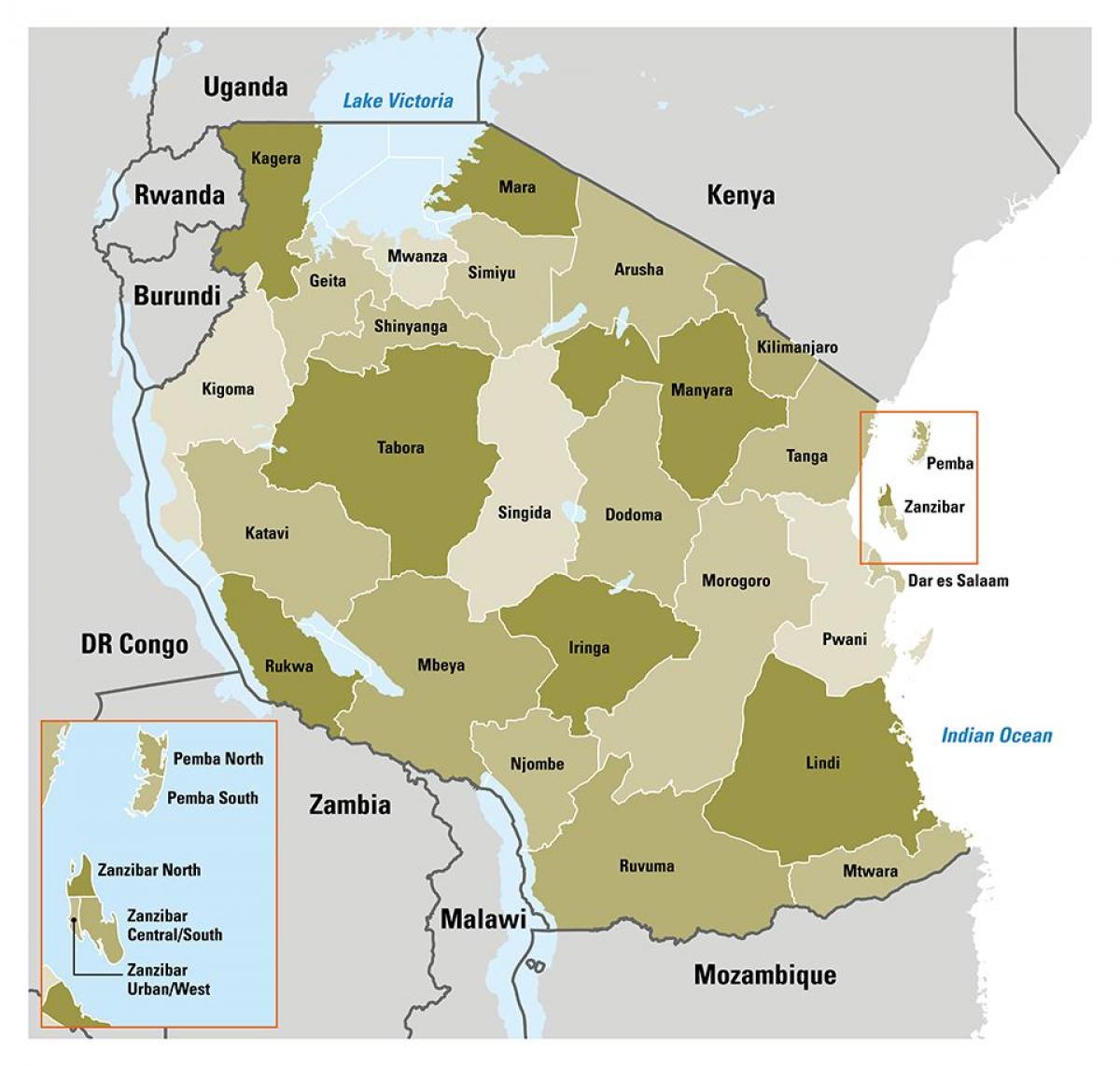karta Tanzaniji pokazuje regijama