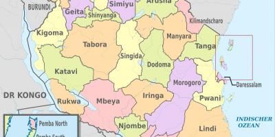 Karta Tanzaniji pokazuje regija i područja