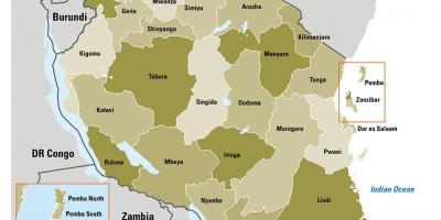 Karta Tanzaniji pokazuje regijama