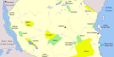 Karta nacionalnih parkova u Tanzaniji i rezerve